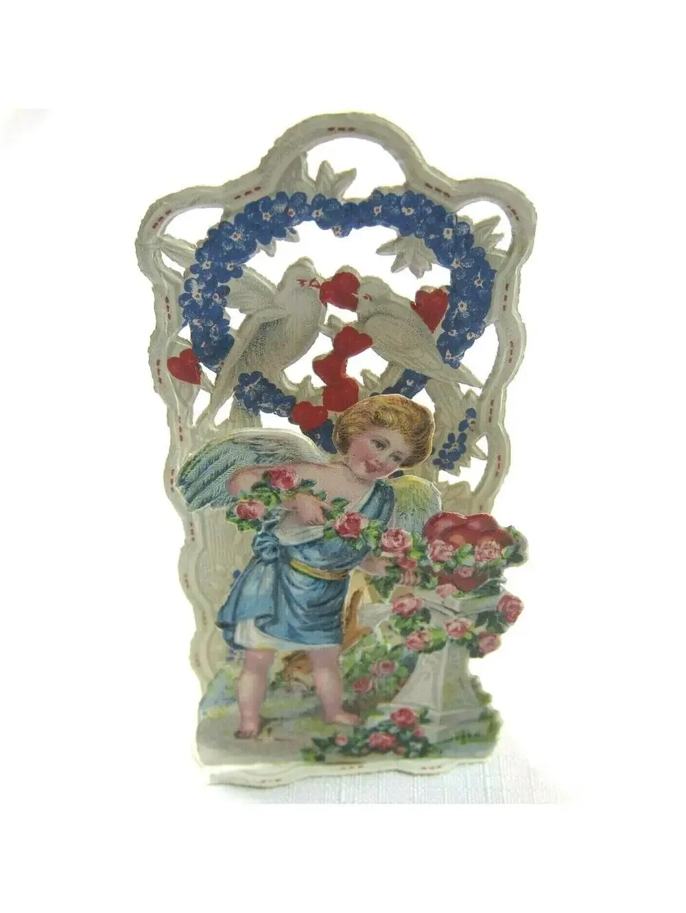 Vintage Valentine 1929 Pull Down Die Cut Stand Up Angel Flowers Doves Germany